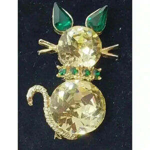 Vintage Dodds Cat Brooch Citrine Yellow & Green Rhinestone Rare Color Kitty